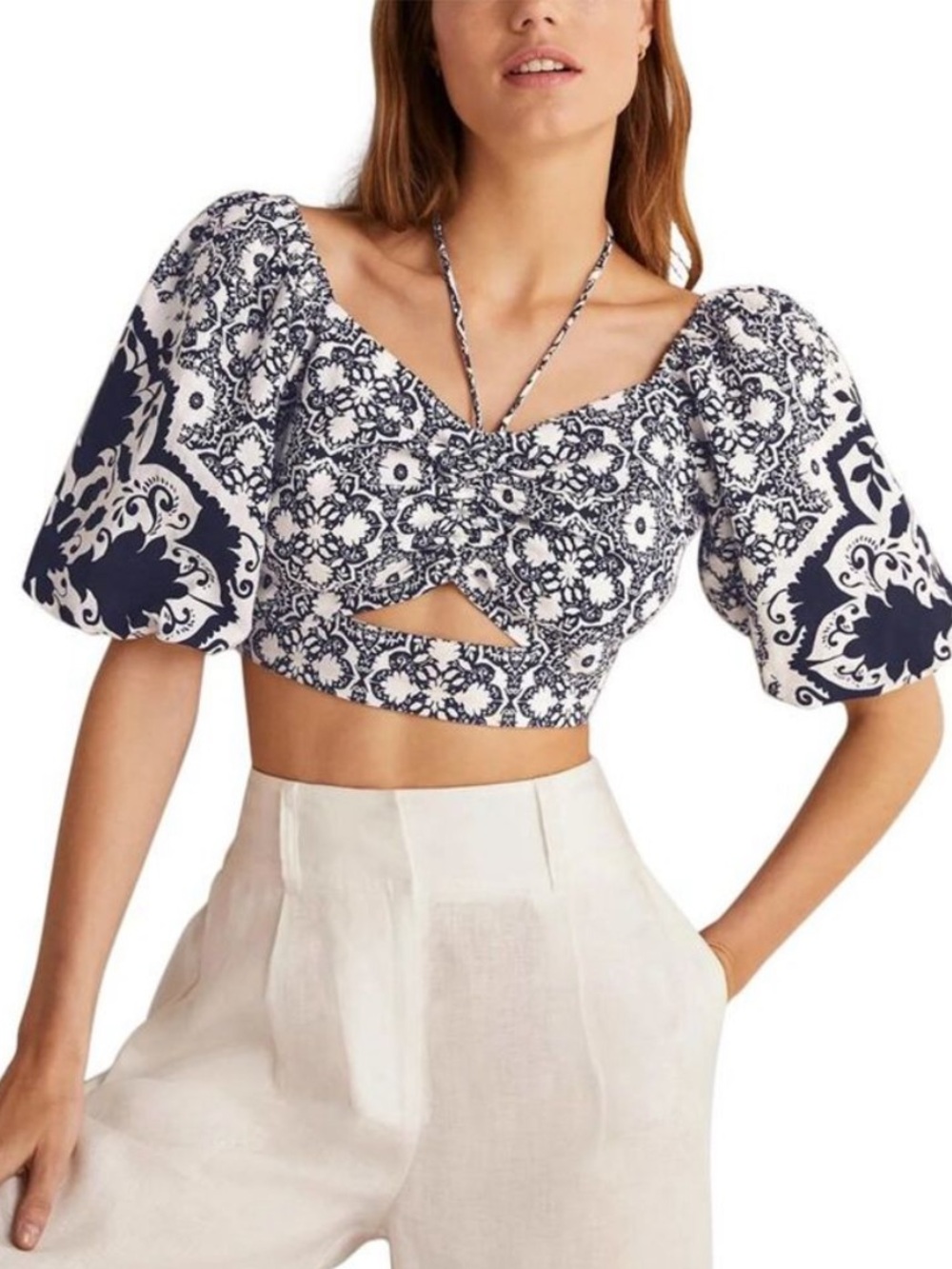 Boden Linen Halter Neck Smocked Cutout Crop Top Navy & White Print - 10